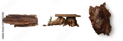 Foto Three pieces of natural wood and bark isolated on a white background