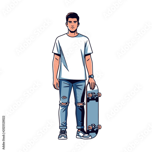 Young Man Standing With Skateboard Casual Attire.