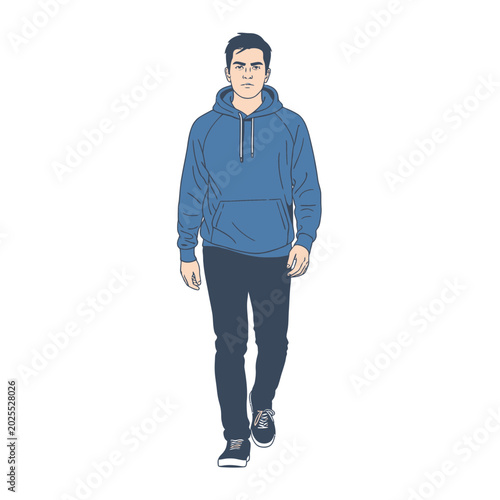 Young Man Walking Confidently in Blue Hoodie and Jeans.