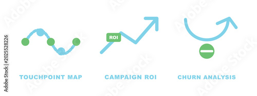 Schilderij op canvas Touchpoint map campaign roi and churn analysis customer journey vector icons