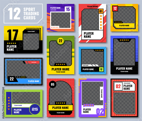 Photography Set of 12 dynamic sport trading card templates with player names and team number