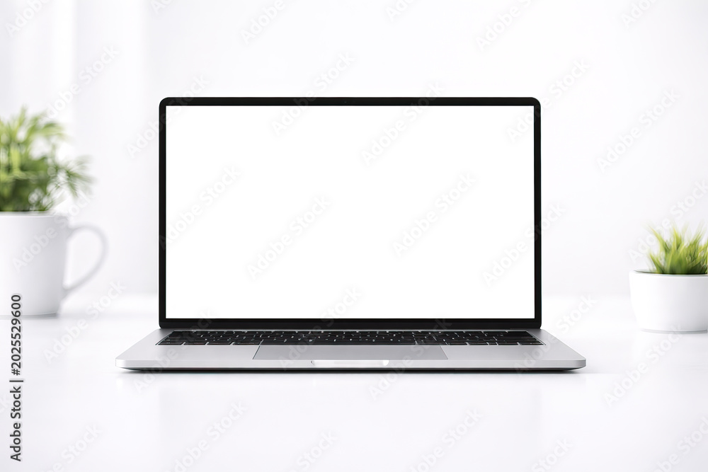 Fototapeta premium A sleek black laptop rests on a white surface, complemented by a small potted plant, creating a minimalist workspace scene.