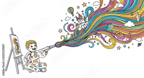 Child Painting Magical Rainbow Illustration