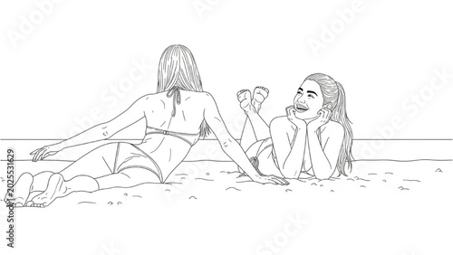 Foto Two women relaxing on beach sand with 2D CAD illustration style