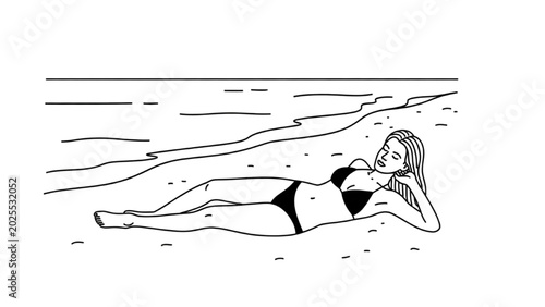 Photography Woman in bikini lies relaxed on sandy beach in 2D CAD illustration