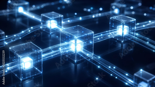 Inspiring futuristic digital network cube technology shows seamless ai blockchain integration with bright glowing blue data connections