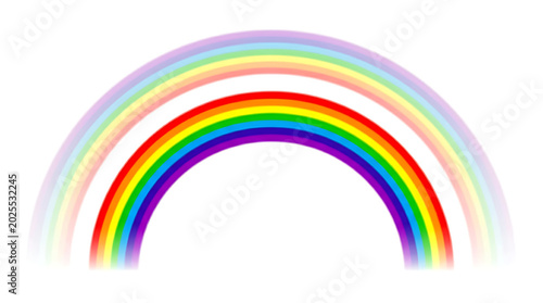 Vivid double rainbow arc featuring saturated roygbiv colors isolated on pure white background for graphic design and decorative use
