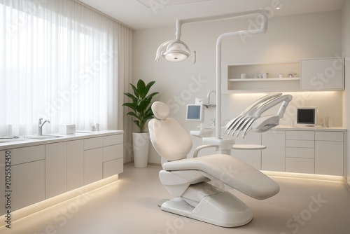 A modern and elegant dental clinic interior filled with natural light, featuring a sleek white dental chair, minimalist cabinetry, and advanced medical equipment in a clean, inviting atmosphere.