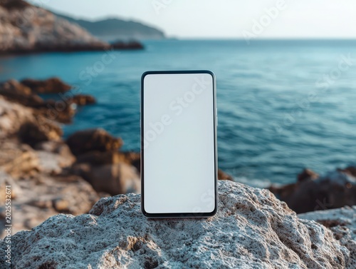 photo phone in the beach and sea in background with copy space