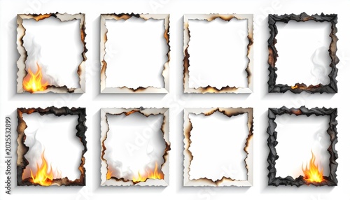 Burnt paper frames with flames, showing edges and blank spaces