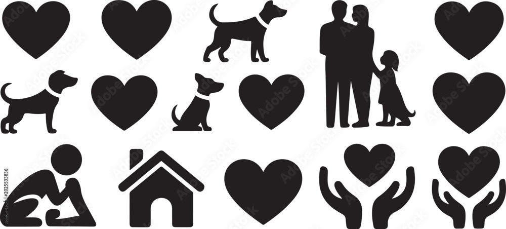 Fototapeta premium Collection of black silhouette icons depicting love and care including hearts dogs couple house and hands isolated silhouette vector illustration