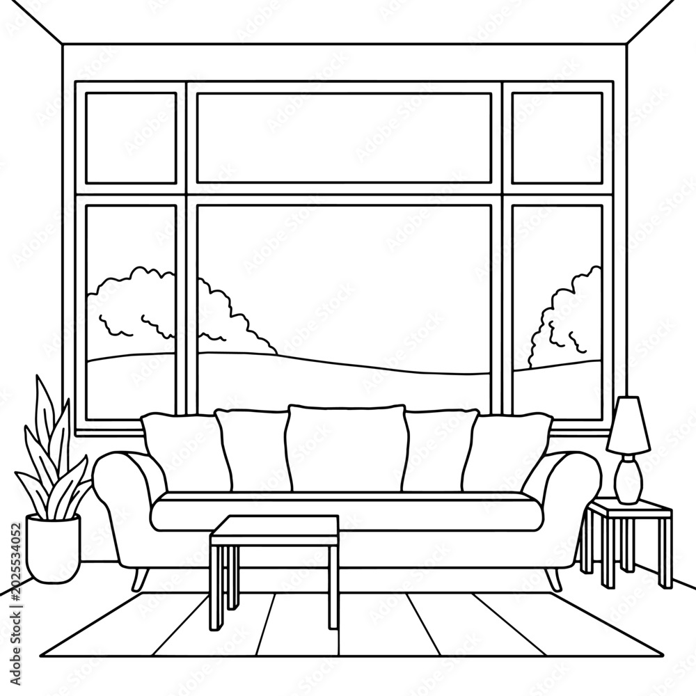 Fototapeta premium Living room graphic black white interior sketch illustration vector 
