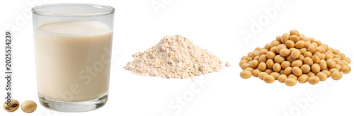 Glass of soy milk, pile of soy flour, and heap of soybeans isolated on transparent background
