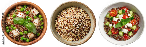 Three bowls of quinoa salad and raw quinoa seeds, isolated on transparent background