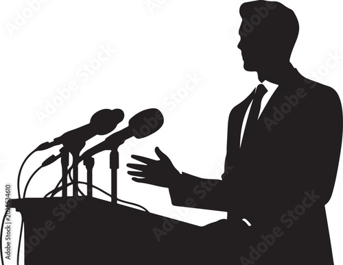 Schilderij op canvas person giving speech at podium with microphones, formal attire artwork symbolizi
