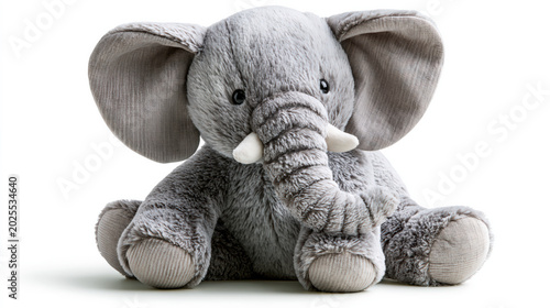 Cute gray elephant plush toy isolated PNG, soft stuffed animal for kids and nursery decor 