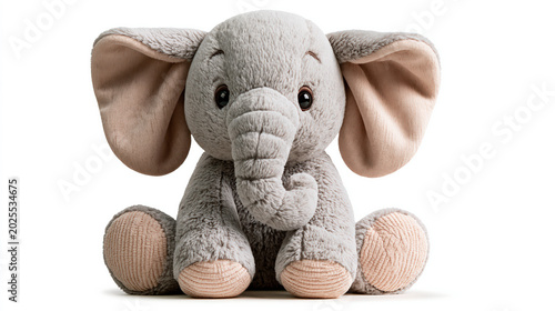 Cute gray elephant plush toy isolated PNG, soft stuffed animal for kids and nursery decor 