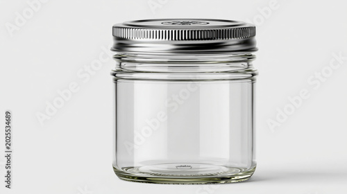 Clear glass jar with metal lid isolated PNG, blank food packaging mockup for label design 