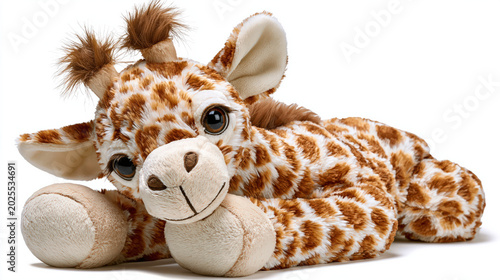 Cute giraffe plush toy isolated PNG, stuffed animal with brown spots for kids and decoration 