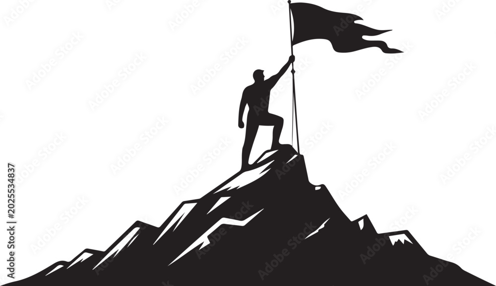 Fototapeta premium Silhouette man on mountain peak holding flag. silhouette vector illustration