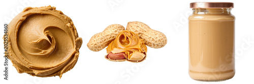 Peanut butter swirl, peanuts in shells and open, and a jar of peanut butter, isolated on transparent background