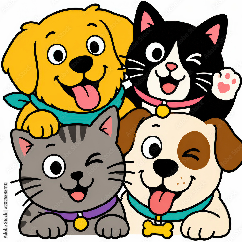 Obraz premium Cute cartoon pets collection, colorful cats and dogs characters set, funny animal avatars