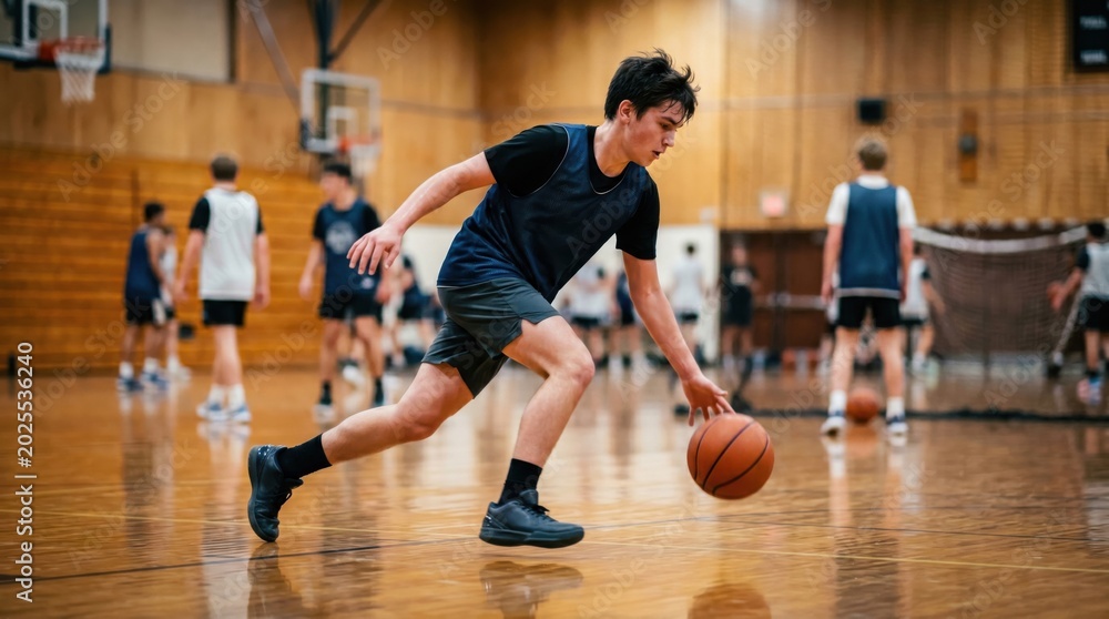 Fototapeta premium Teen boy playing basketball on indoor court. Young athlete dribbling ball during practice match. Hobby and sport training activity for healthy lifestyle and physical competition.