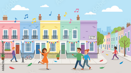 A charming flat design illustration depicting a classic Notting Hill street scene, subtly imbued with the festive atmosphere and vibrant details of the carnival.