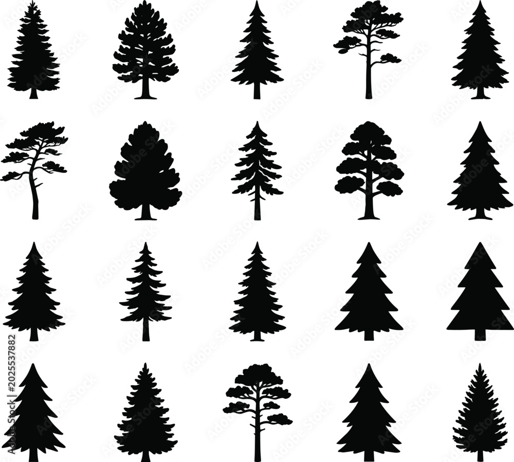 Obraz premium Evergreen Pine Tree Silhouette Vector Collection for Forest Landscape Nature and Woodland Design Projects