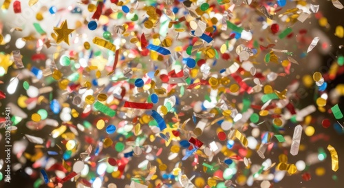 Confetti falling in a colorful shower, creating a festive and celebratory atmosphere. The confetti pieces are small, round, and vibrant, with a mix of bright colors. The background is blurred,