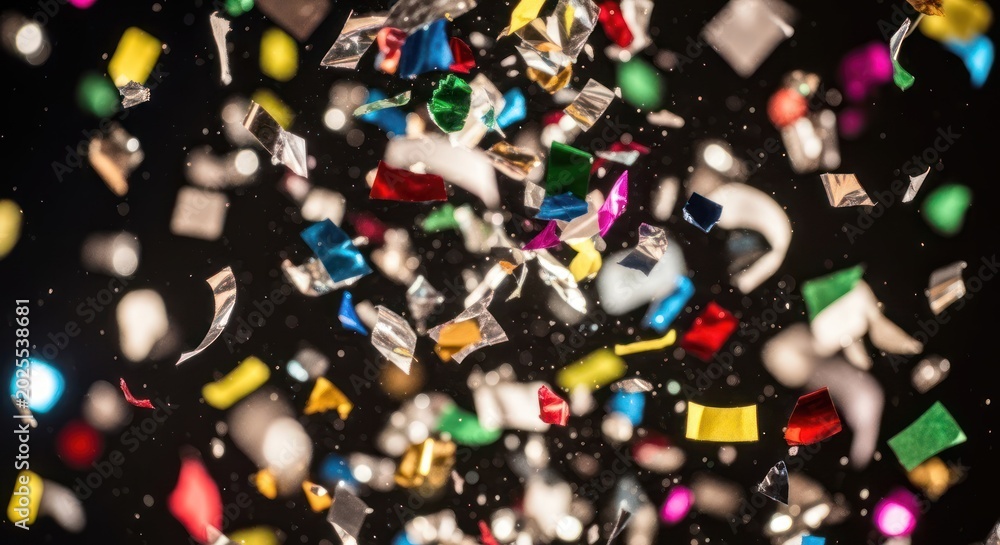 Obraz premium Colorful confetti pieces falling against a dark background, creating a festive and celebratory atmosphere.