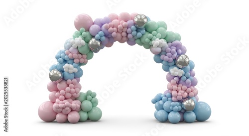 A colorful balloon arch with pastel and metallic balloons arranged in an arch shape, set against a white background. The balloons are inflated and evenly spaced, creating a festive 