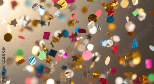 Colorful confetti falling against a neutral background. The confetti includes stars, circles, and other shapes in vibrant colors like gold, silver, red, and pink. 