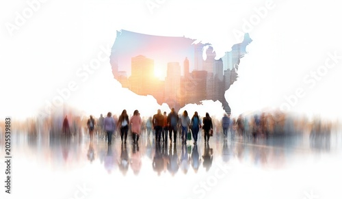 United states map filled with walking people reflecting population, demography, and urban life within american borders
