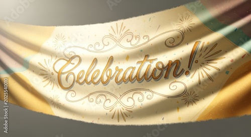 A celebratory banner with the word 'Celebration!' in ornate gold lettering, set against a soft, pastel background with subtle light effects. 