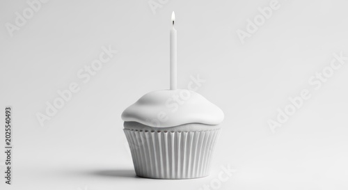 A single white cupcake with a single white candle on top, placed against a plain white background. The cupcake has a smooth, glossy white frosting with a slight drip effect. 