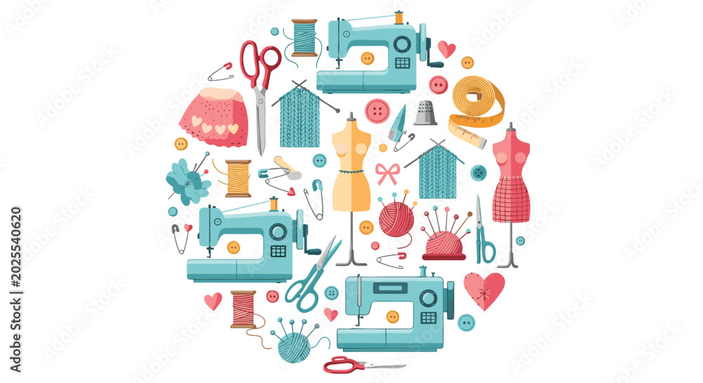 Fototapeta premium Artistic circular arrangement of sewing icons including machines mannequins scissors threads and knitting tools for craft and fashion themes.