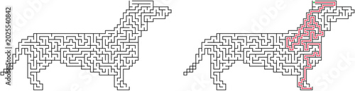 Dachshund shaped maze with solution. Black and white flat vector labyrinth, simple logic puzzle game for kids and adults