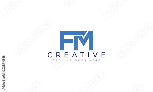 Tableau sur toile Blue abstract letter fm logo design with upward trend line on white background
