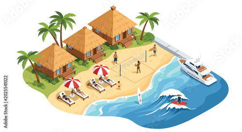 Idyllic isometric illustration of a tropical beach resort featuring wooden bungalows palm trees vacationers and a yacht on crystal water.