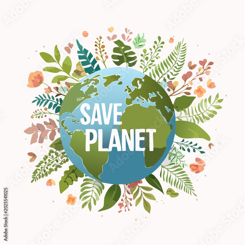 Illustration of Earth framed by green leaves and colorful flowers, conveying a global message of environmental preservation and the need for a sustainable future
