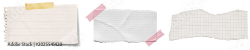 Tableau sur toile Three torn pieces of paper, one lined and two gridded, attached with tape, isola