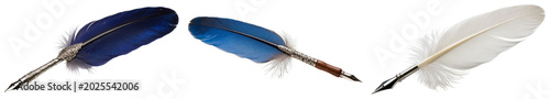 Fotografie Three antique quill pens with ornate silver and wood details, isolated on transp