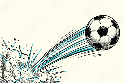 Hand drawn soccer ball with speed effect and explosion graphic moving fast across background.