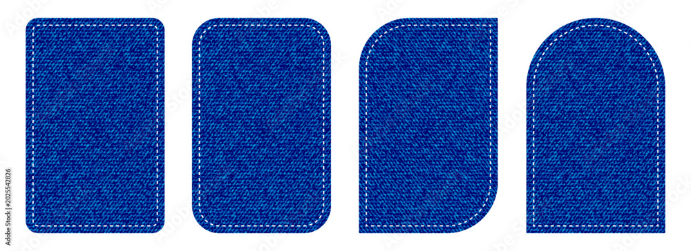 Fototapeta premium Blue denim fabric stitched patch and label vector set