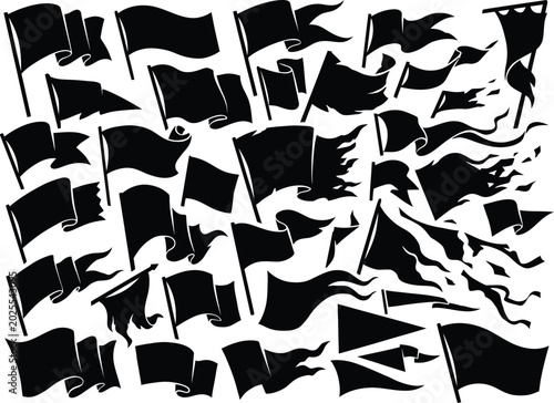 Cuadro en lienzo Collection of black flag silhouettes waving and fluttering