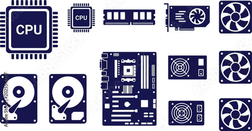 Foto computer hardware icons set cpu hard drive and cooling fans