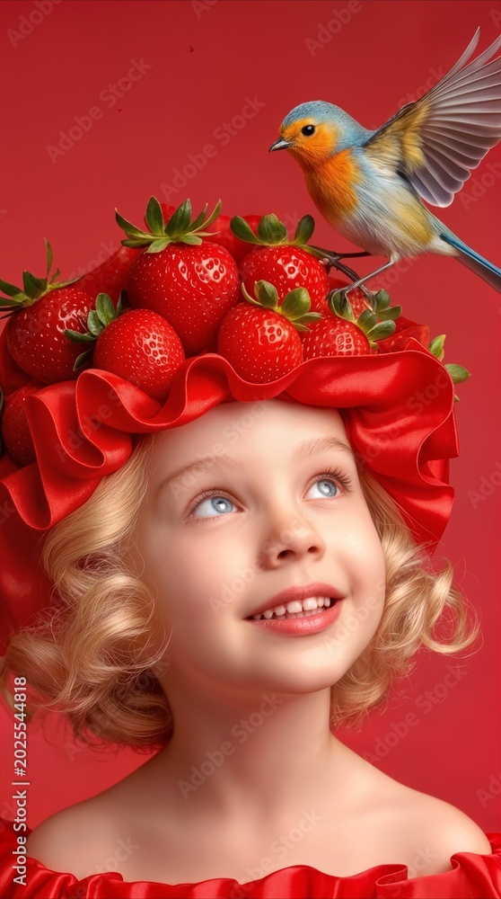Obraz premium Child wearing a whimsical hat decorated with fresh strawberries while a small bird perches on top. Surreal artistic portrait of a smiling girl with blue eyes against a red background.