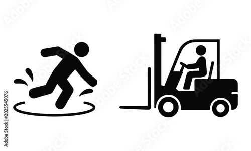 Schilderij op canvas Person slipping and forklift warning sign icon