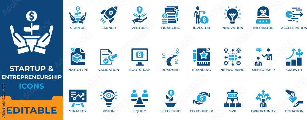 Fototapeta premium Startup and entrepreneurship icon set. Business launch, seed funding, venture capital, investor, MVP, business strategy, innovation and networking vector symbols.